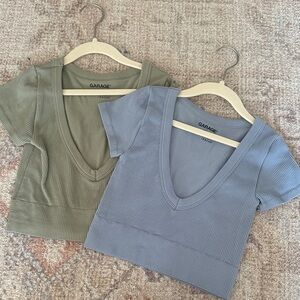 Garage Women's Ribbed V-Neck Tops - Green and Blue